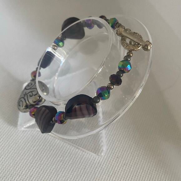 Iridescent Purple Glass Bead Bracelet with Silver Heart Charm Boho Y2K - Picture 8 of 17